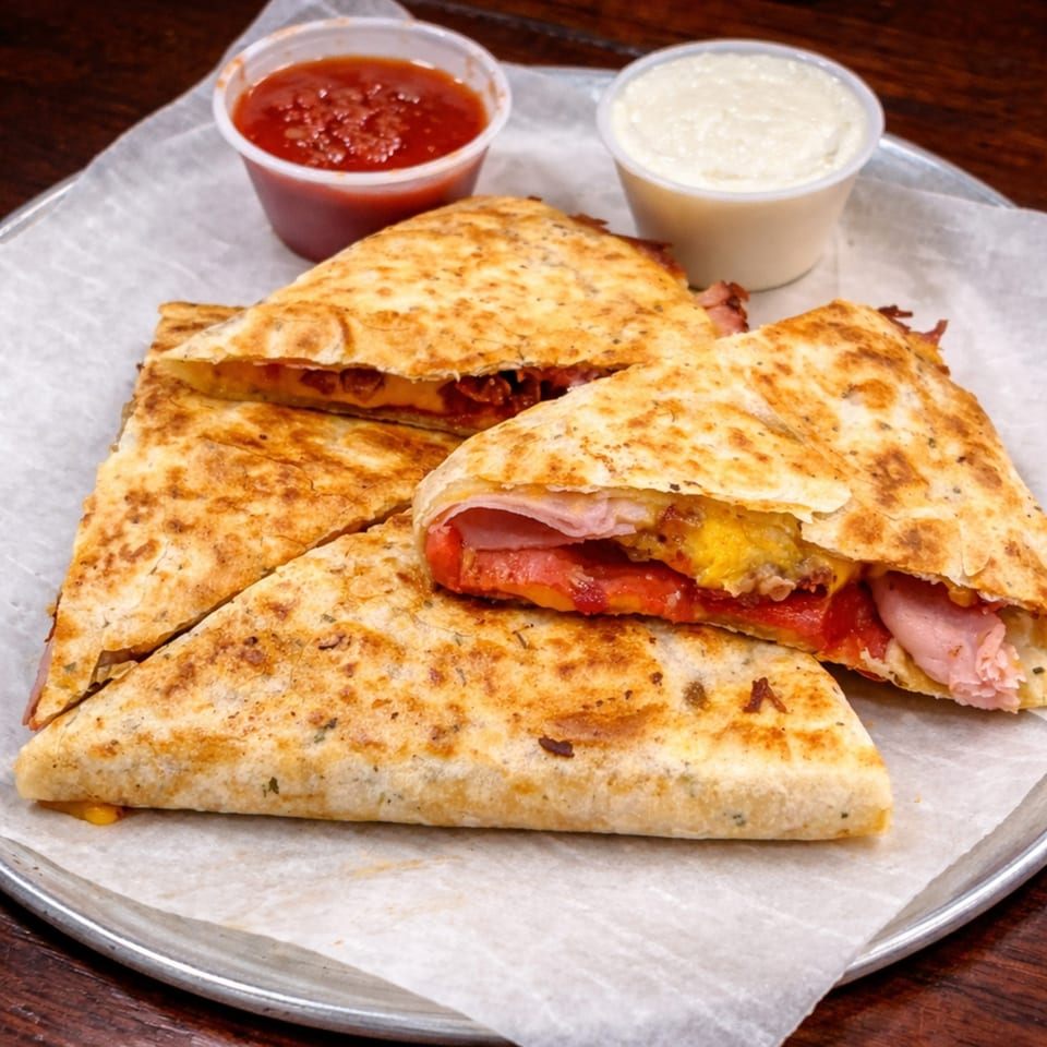 Four quesadilla slices with ham, cheese, and red peppers, served with red and white dipping sauces.