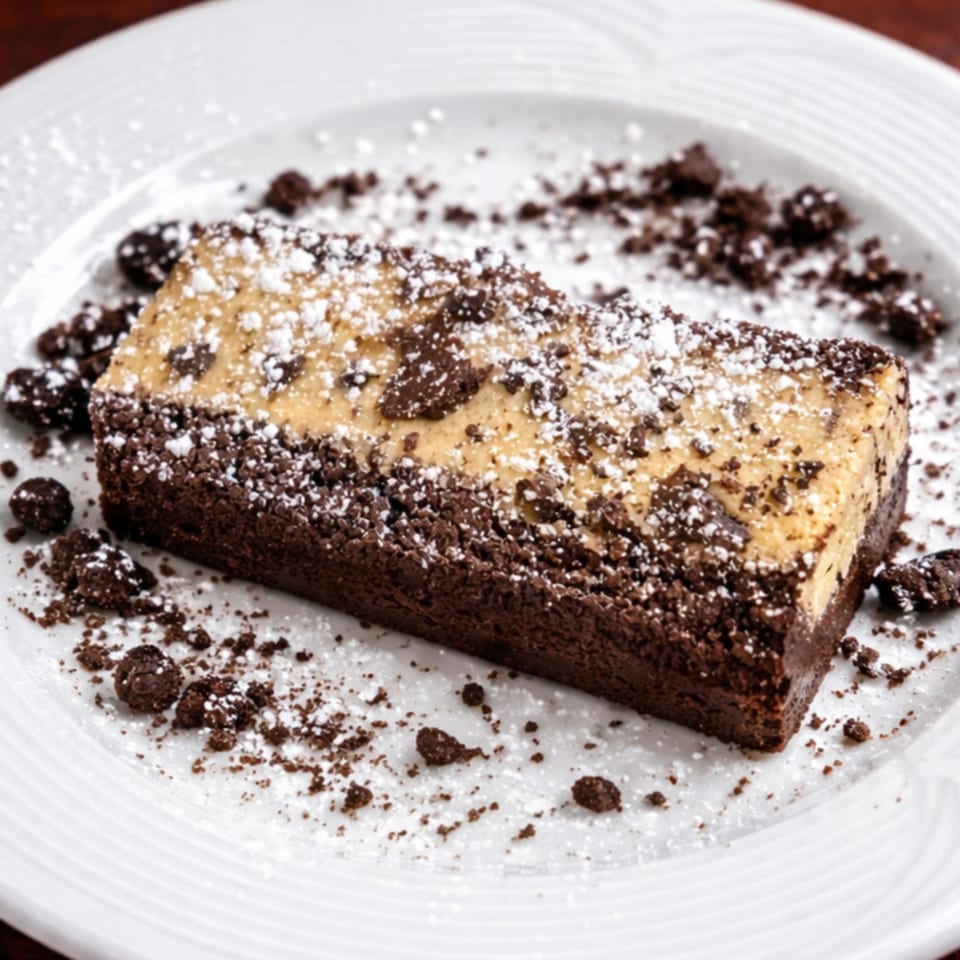 A rectangular dessert with a dark chocolate base, light brown top, and sprinkled with powdered sugar and chocolate crumbs.