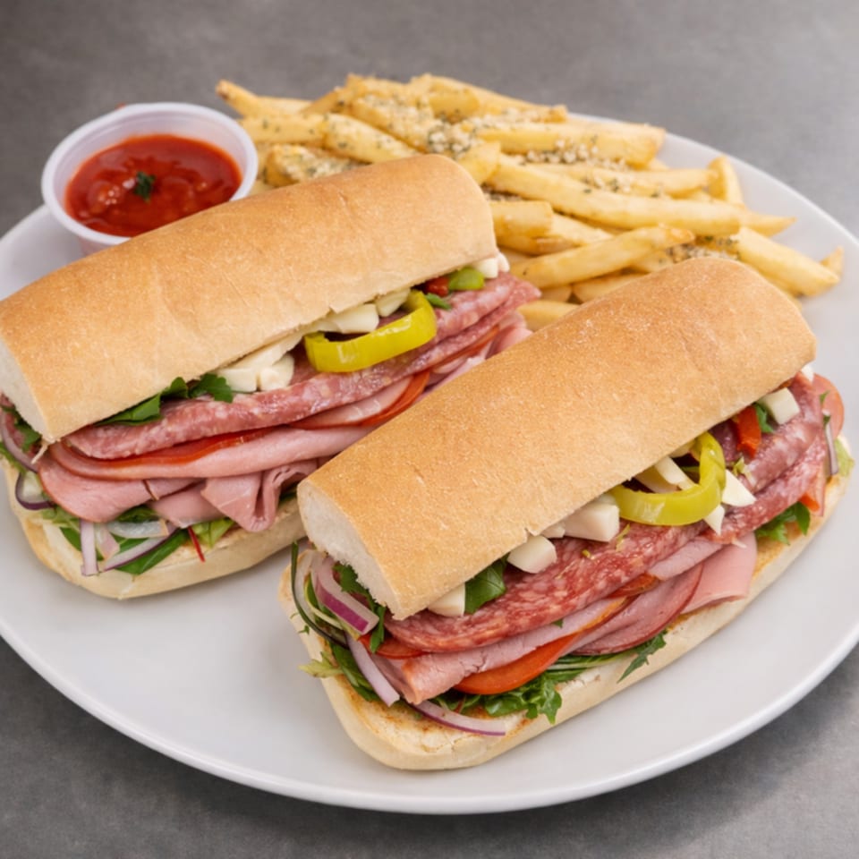 Two deli subs with salami, ham, cheese, and vegetables, served with fries and ketchup.