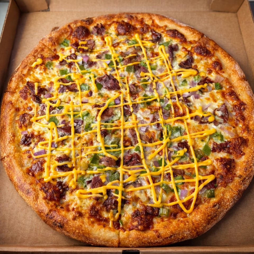 A whole pizza in a cardboard box, topped with cheese, meat, green peppers, red onions, and yellow sauce.