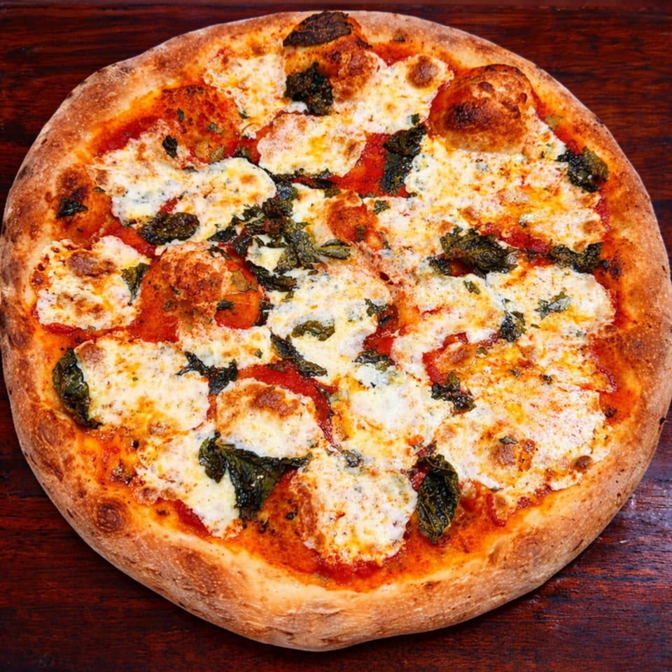 A whole, freshly baked pizza with melted mozzarella, red sauce, and dark green basil leaves.