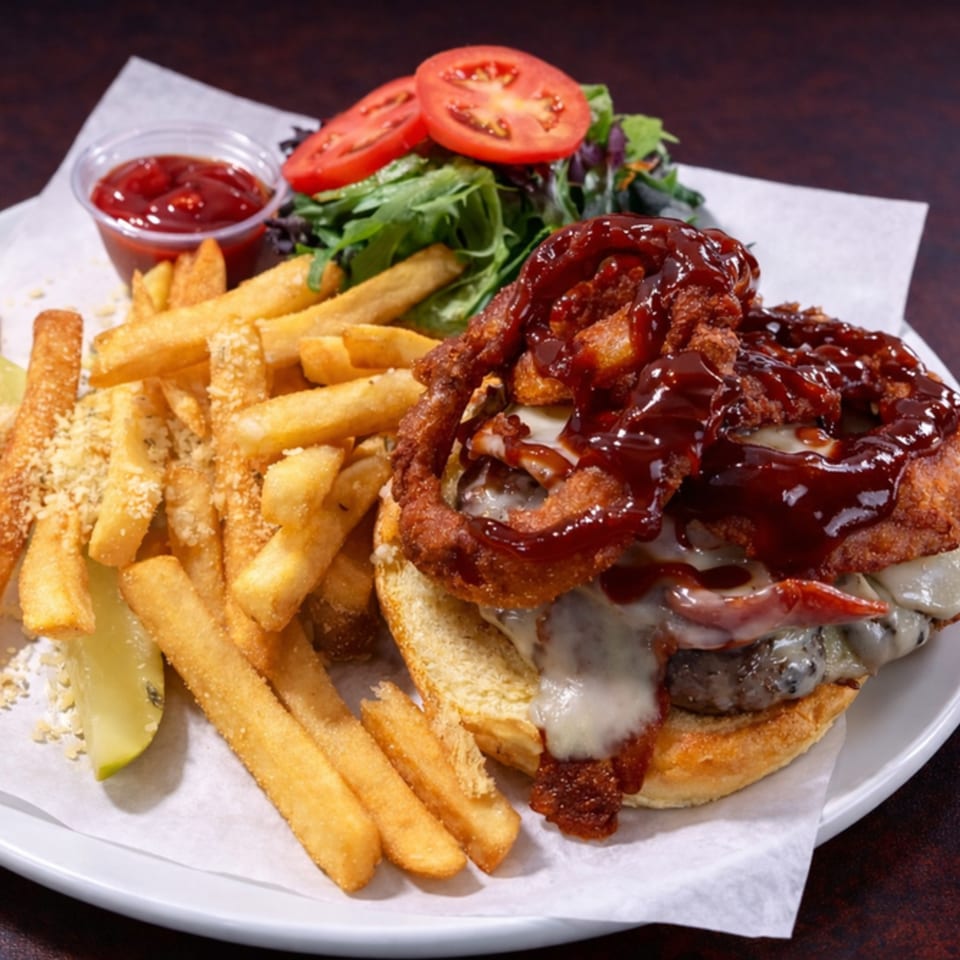 A BBQ burger with onion rings, fries, ketchup, and a side salad on a white plate.
