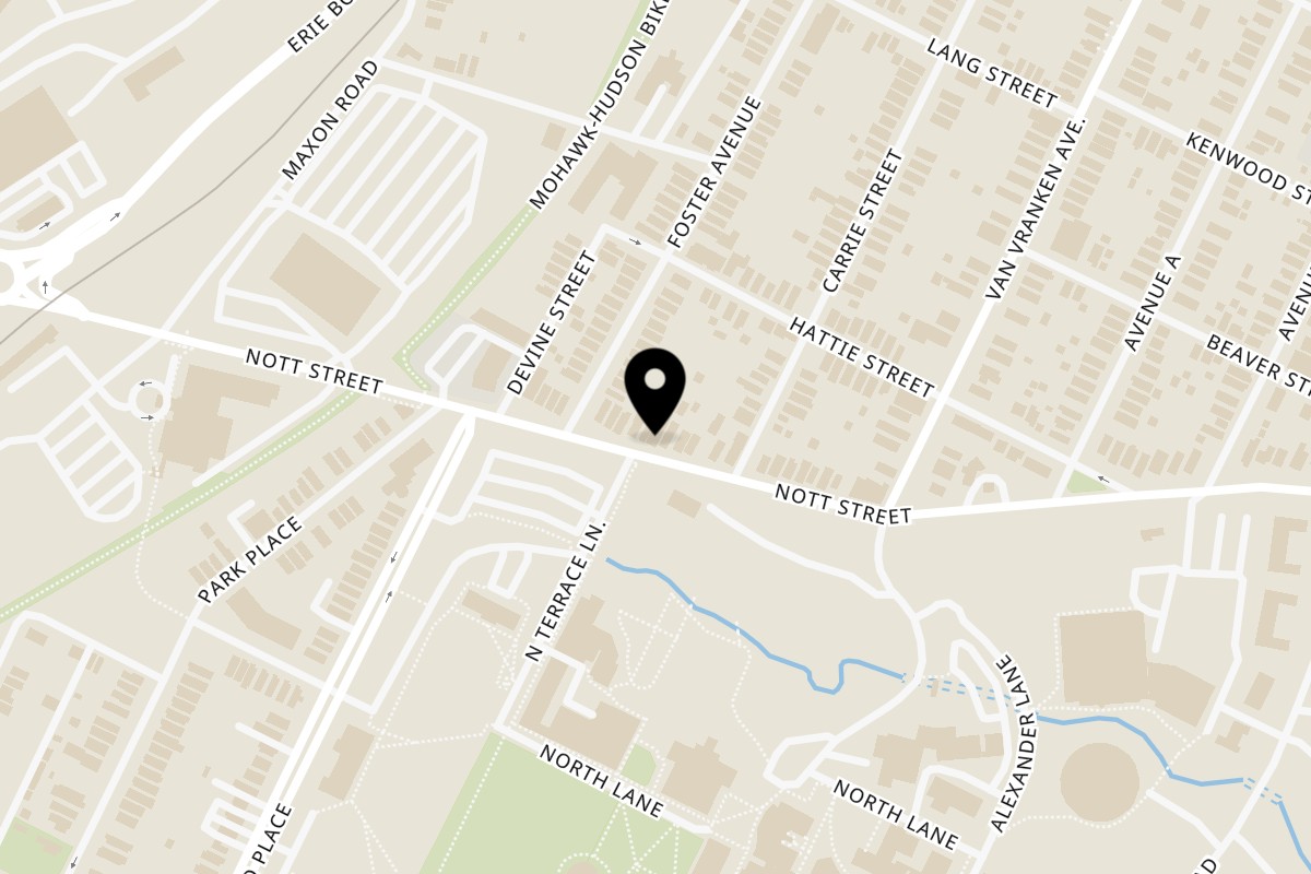 Map showing the location of Luca's Eatery on 547 Nott St in Schenectady